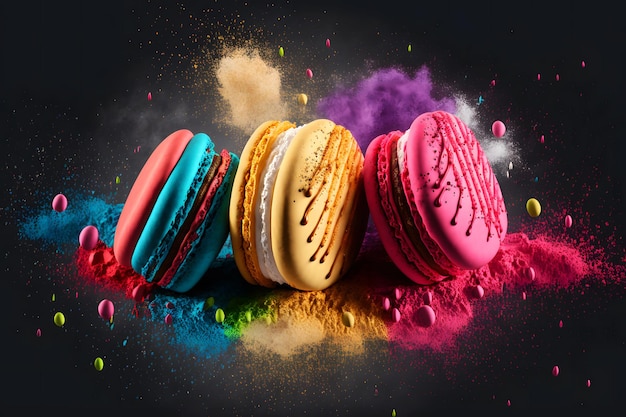 Kleurrijke macarons met helder suikerpoeder-explosiemoment op zwarte achtergrond