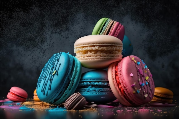 Kleurrijke macarons Stapel Franse koekjesmakarons op donkere achtergrond