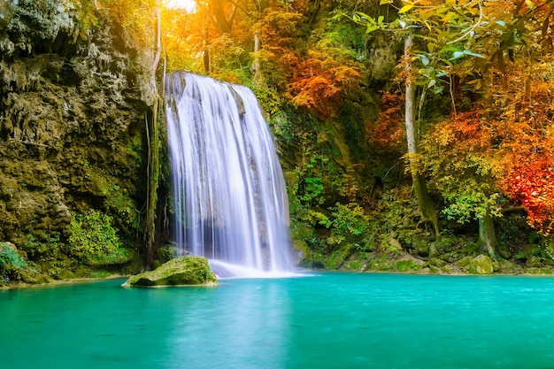 Kleurrijke majestueuze waterval in nationaal parkbos tijdens de herfst