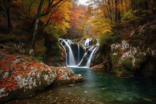 Kleurrijke majestueuze watervallen in het nationale park bos tijdens de herfst afbeelding