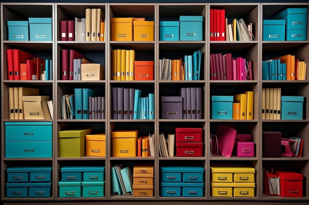 Kleurrijke mappen op boekenplank Office Archive Generatieve AI
