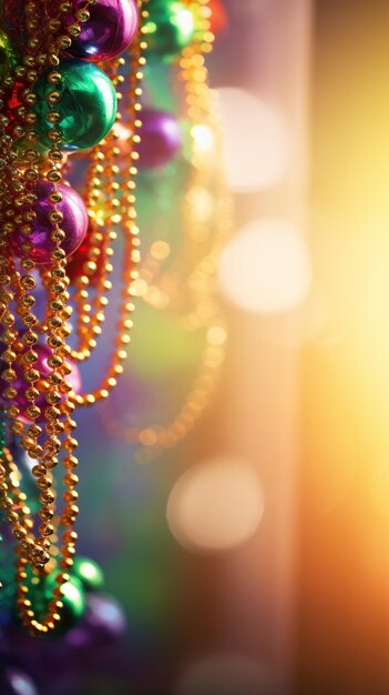 Kleurrijke Mardi Gras kralen en bokeh lichten feestelijke verticale achtergrond AI Gegenereerde inhoud