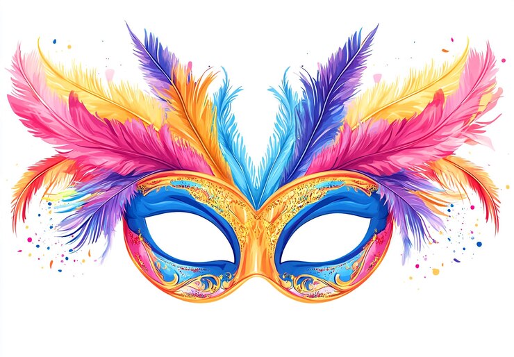 Foto kleurrijke mardi gras masker met veren clip art witte achtergrond geen schaduw hyperrealistisch