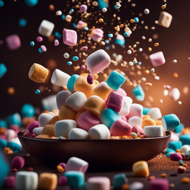Foto kleurrijke marshmallows dessert vallen in de lucht met zijn ingrediënten