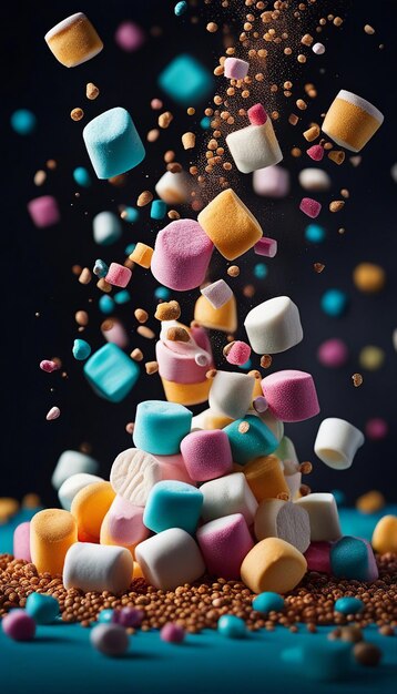 Foto kleurrijke marshmallows dessert vallen in de lucht met zijn ingrediënten