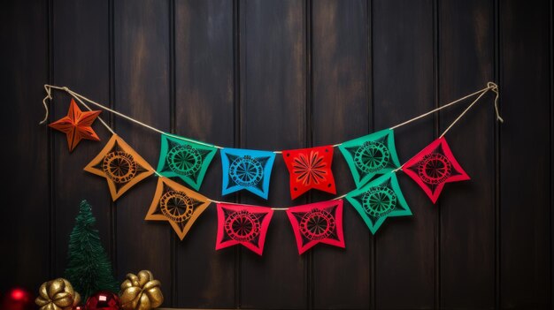 Foto kleurrijke mexicaanse folklore-geïnspireerde bunting die aan een houten oppervlak hangt