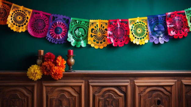 Kleurrijke Mexicaanse papieren hangen over een donkere houten muur