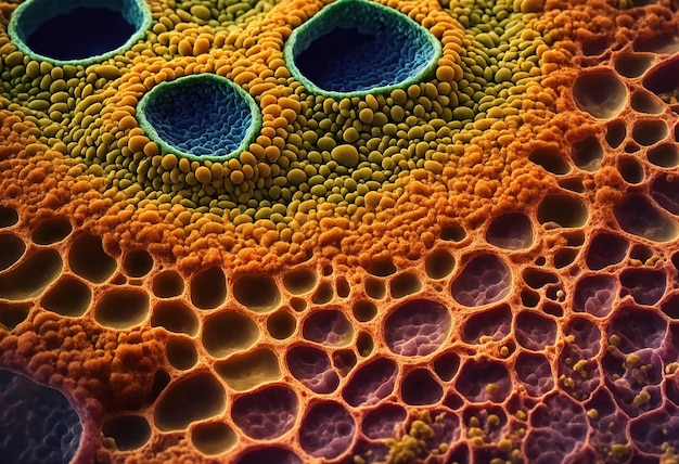 Foto kleurrijke micro-organismencellen close-up illustratie in grote details voor medisch onderwijs en wetenschap ai generatief