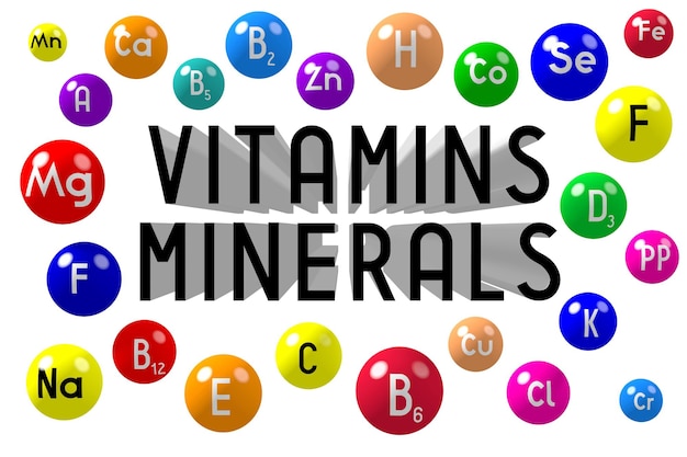 Foto kleurrijke mineralen en vitaminen 3d illustratie