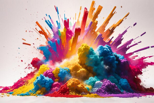 Kleurrijke mix poeder gooien kleur explosie splashes van Holi festival geïsoleerd op witte achtergrond