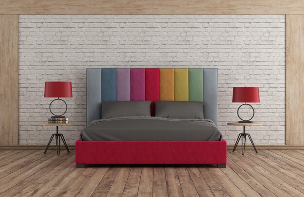 Foto kleurrijke moderne slaapkamer in een kamer met witte bakstenen muur en hardhouten vloer 3d rendering