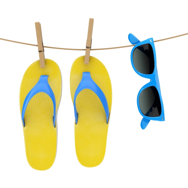 Kleurrijke moderne slippers met blauwe zonnebril hangen aan de waslijn op een witte achtergrond. 3D-rendering