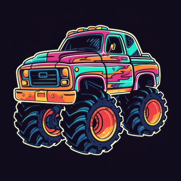 Kleurrijke Monster Truck Sticker Graphic met witte rand omtrek