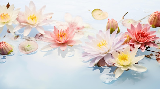 Kleurrijke mooie bloemen op water met spattende druppel