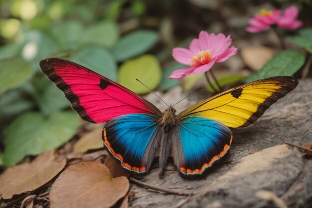 Foto kleurrijke morpho vlinder op heldere oranje purslane bloem in dauwdruppels