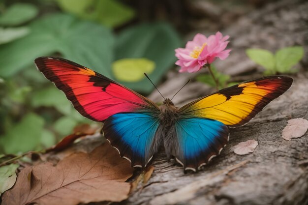 Foto kleurrijke morpho vlinder op heldere oranje purslane bloem in dauwdruppels