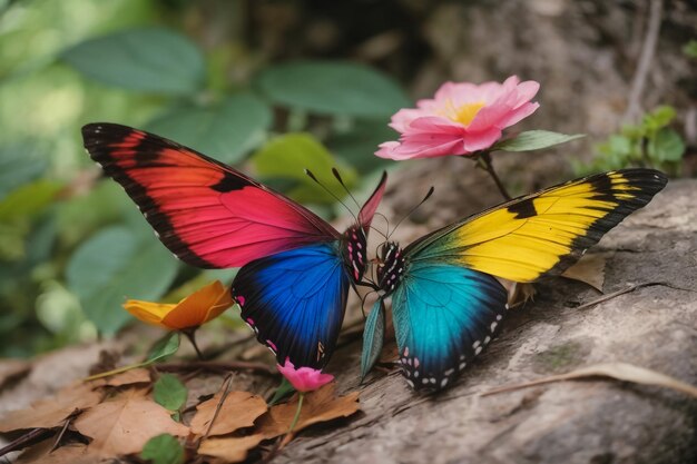 kleurrijke morpho vlinder op heldere oranje purslane bloem in dauwdruppels