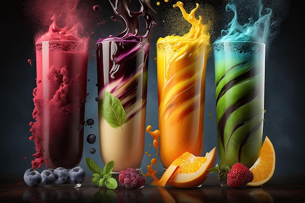 Kleurrijke natuurlijke fruitsmoothies met verschillende smaken mooie illustratie Gegenereerd door AI