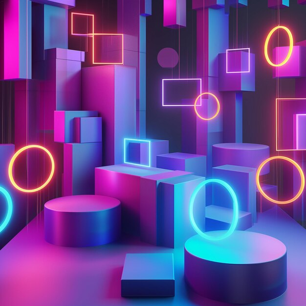 Kleurrijke neon abstracte achtergrond 3D ovalen kubussen en cirkels