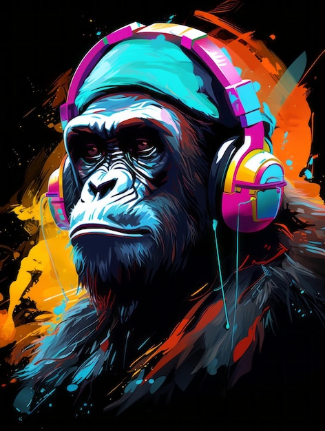 Kleurrijke Neon Art Gorilla met koptelefoon