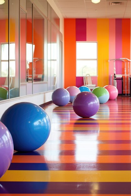 Kleurrijke oefenballen in een fitnessstudio gemaakt met generatieve AI