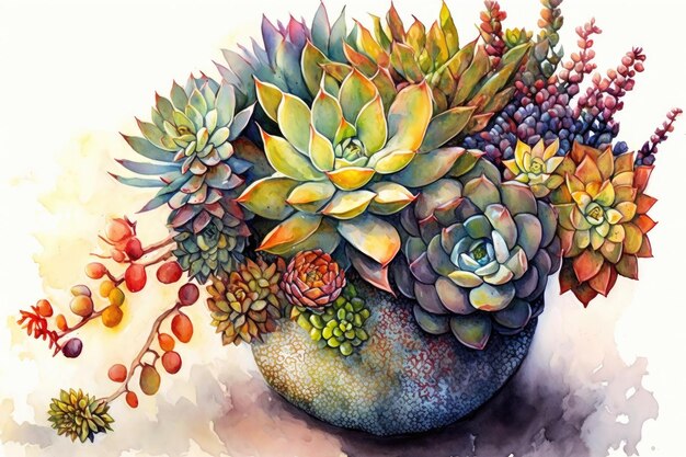 Kleurrijke opstelling van succulenten in aquarelvaas