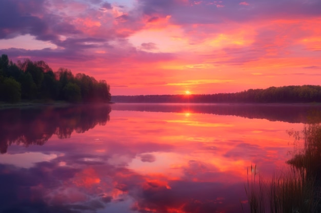 Kleurrijke paarse hemelse zonsonderganghemel door kalm avondrivierlandschap generatieve ai