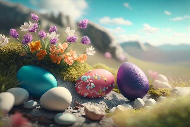 Kleurrijke paaseieren met krokusbloemen op een stenen achtergrond Generatieve AI