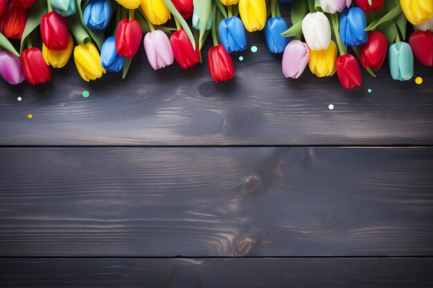 Kleurrijke paaseieren met tulpenbloem op rustieke houten planken op de achtergrond