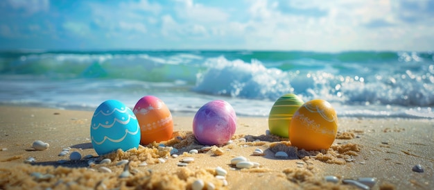 Kleurrijke paaseieren op de zandkust bij de zee