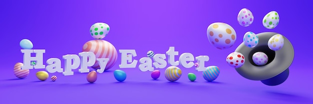 Foto kleurrijke paaseieren op paarse achtergrond lentevakantie reclame 3d render illustratie banner met vrolijk pasen belettering