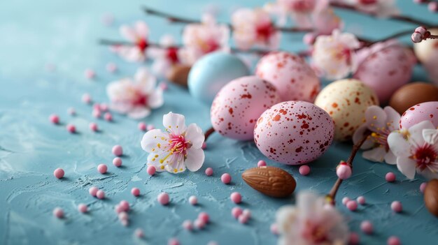 Kleurrijke paaseierschokolade eieren met kersenbloesems lagen plat op een blauwe achtergrond