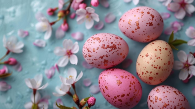 Kleurrijke paaseierschokolade eieren met kersenbloesems lagen plat op een blauwe achtergrond