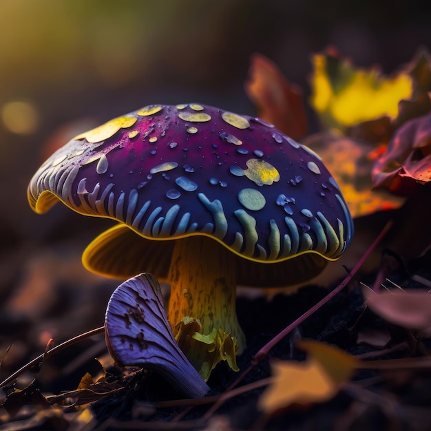 Foto kleurrijke paddenstoel zittend op de grond in het bos generatieve ai