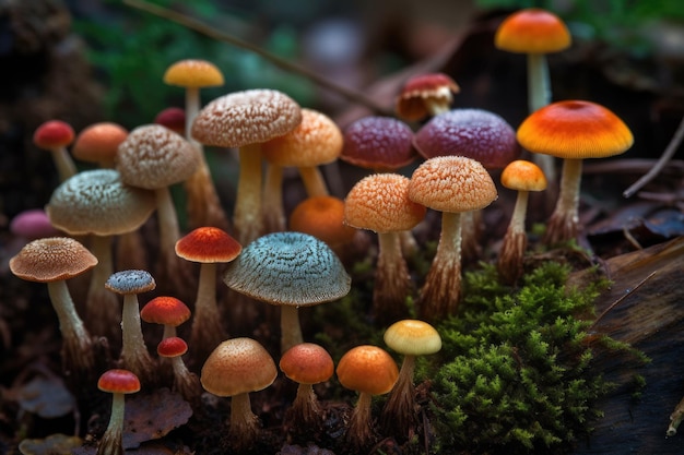 Kleurrijke paddenstoelen groeien op een bosbodem Generatieve AI