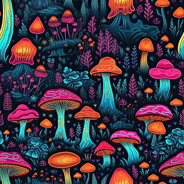 Kleurrijke paddestoelen illustratie psychedelische kleuren naadloze patroon fantastische magische bosnacht