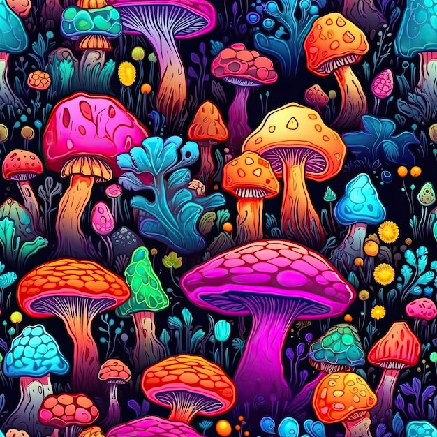 Kleurrijke paddestoelen illustratie psychedelische kleuren naadloze patroon fantastische magische bosnacht
