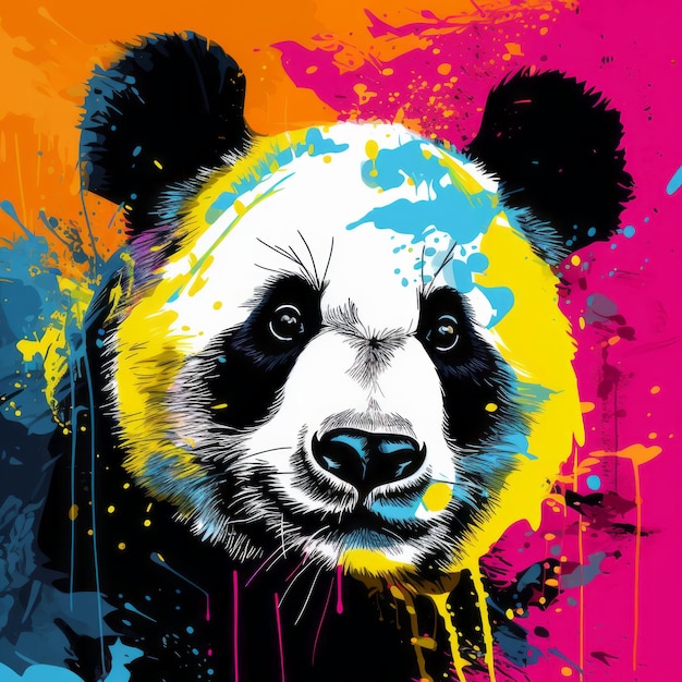 Kleurrijke panda-beer in pop-art-stijl met surrealistische elementen