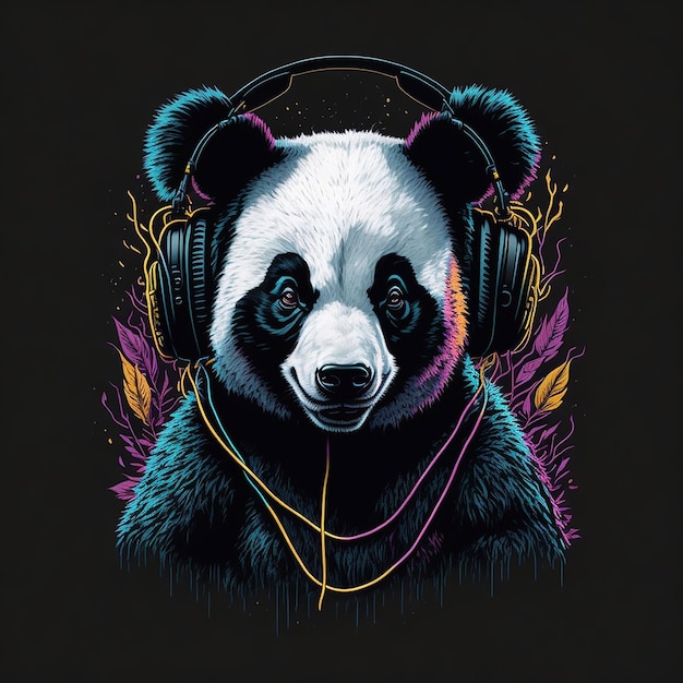 Kleurrijke panda met koptelefoon vintage vectorillustratie