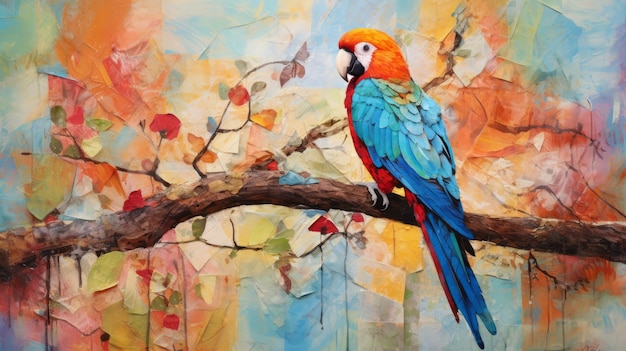 Kleurrijke papegaaien schilderij in neo-plasticistische stijl