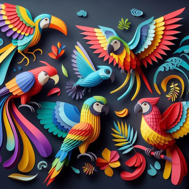 Kleurrijke papegaaien van papier op een donkere achtergrond 3D-illustratie