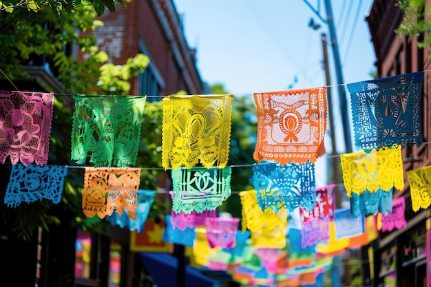 Kleurrijke papel picado-banners fladderen om Cinco de Mayo te vieren