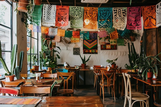 Kleurrijke papel picado banners hangen in een gezellig restaurant met planten en houten meubels