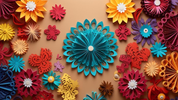 Kleurrijke papieren bloemen versieren speels handgemaakte ontwerpen