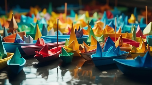 Kleurrijke papieren boten in de zee Generatieve Ai