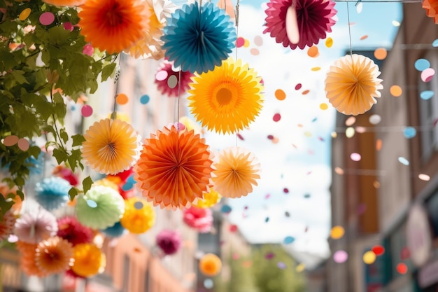 Foto kleurrijke papieren decoraties die aan snaren hangen in een stadsstraat straatfestival