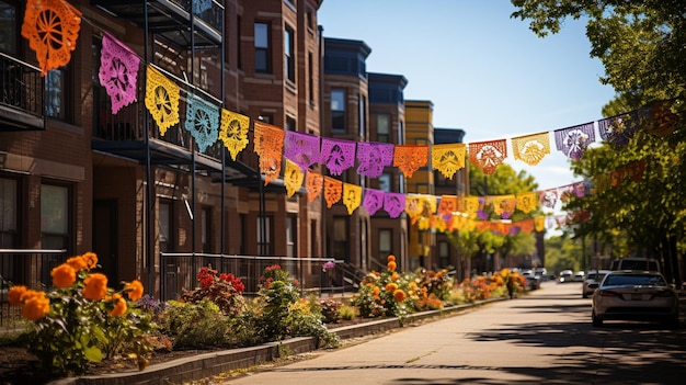 Kleurrijke papieren picado-banners op het behang