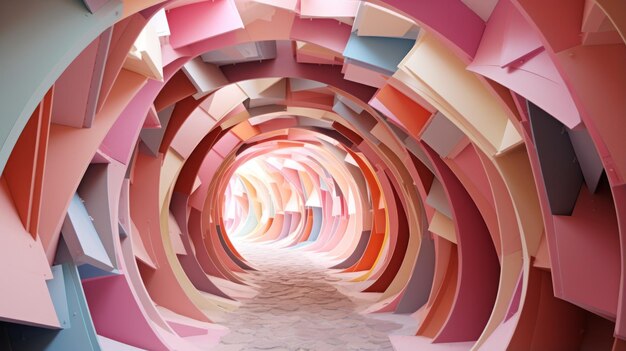 Kleurrijke papieren sculpturale tunnel fotorealistische weergave met zacht pastelpalet