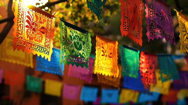 Kleurrijke papieren spandoeken of papel picado die traditioneel worden gebruikt voor Mexicaanse feesten