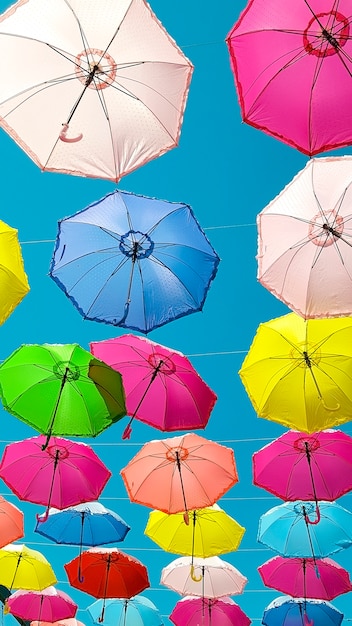 Kleurrijke paraplu&#39;s achtergrond. Kleurrijke paraplu&#39;s in de lucht. Straatdecoratie